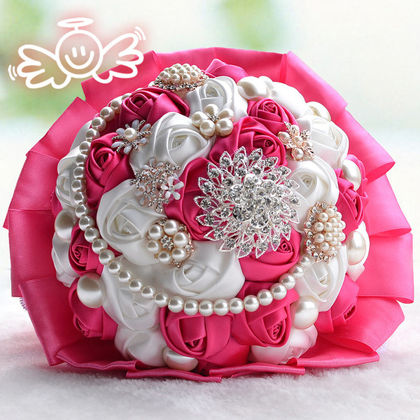 Fuchsia+White Stain Flower Wedding Flowers Crystal Brooch Bridal Holding Flowers Tassel Pearls Stitch Wedding Bouquet