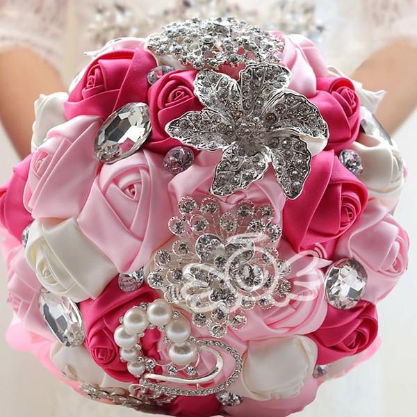 Fuchsia+Pink Satin Bridal Wedding Bouquet Wedding 19cm diameter 25cm high Crystals Artificial Flower Bridesmaid Bridal Hand Holding Flowers