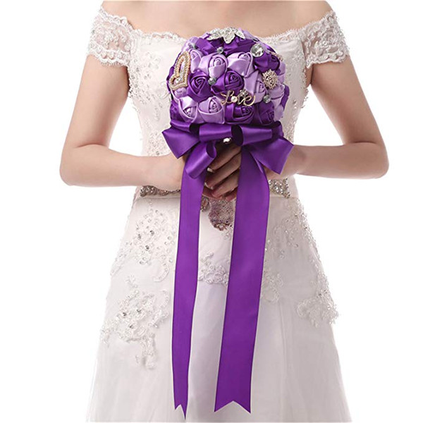 Artificial Pearl Crystal Bridal Bouquets Purple Waterfall Wedding Bridal Flower Brides Handmade Brooch Bouquet De Mariage