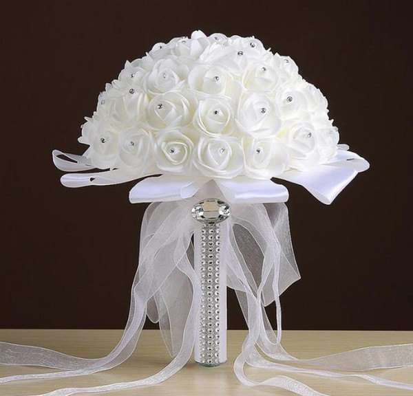 Pure Love Rose Artificial Bridal Flowers Bride Bouquets Wedding Bouquet Crystal Ivory Silk Ribbon New Buque De Noiva Cheap CPA1548