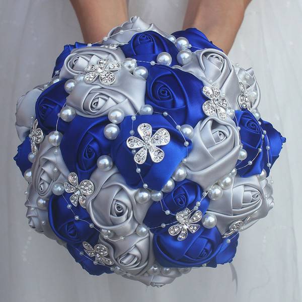 Royal Blue Silver bouquet Rose Bridesmaid Wedding Foam flowers Rose Bridal bouquet Ribbon Fake Wedding bouquet Customized w224