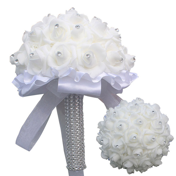 2018 New PE Rose White Bridesmaid Wedding Decoration Foam Flowers Rose Bridal Bridemaid Wedding bouquet White Satin Romantic Wedding bouquet