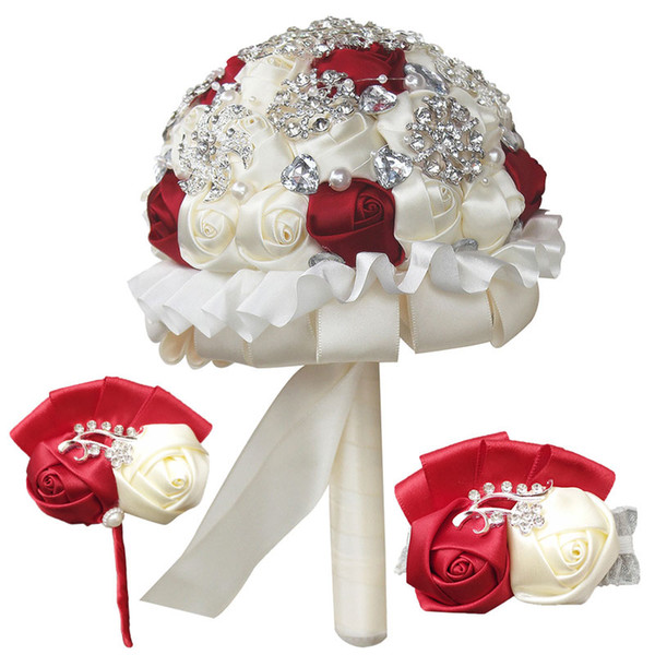 European Ivory winered wedding Bouquet Rhinestones Holding Flowers Bridesmaid Ribbon Wrist Flower Corsage Three-Piece T1317-3