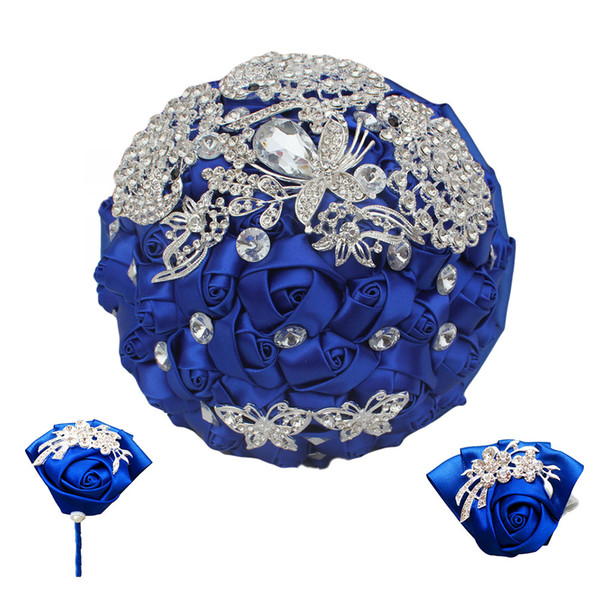 Royal Blue Bride wedding simulation rose jeweled crystal bling Holding flowers Artificial Flowers For Wedding Dancing Party 290T