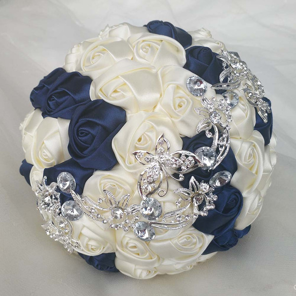 Best Selling Ivory Dark Blue Holding flowers Brooch Bouquet Wedding Bouquet mariage Polyester Wedding Bouquets Pearl Flowers w2216