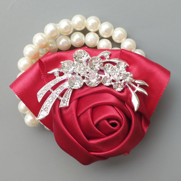 4piece/lot Simulation red rose with pearl bride bridesmaid sister wrist flower groomsman brooch decoration bride dance 001