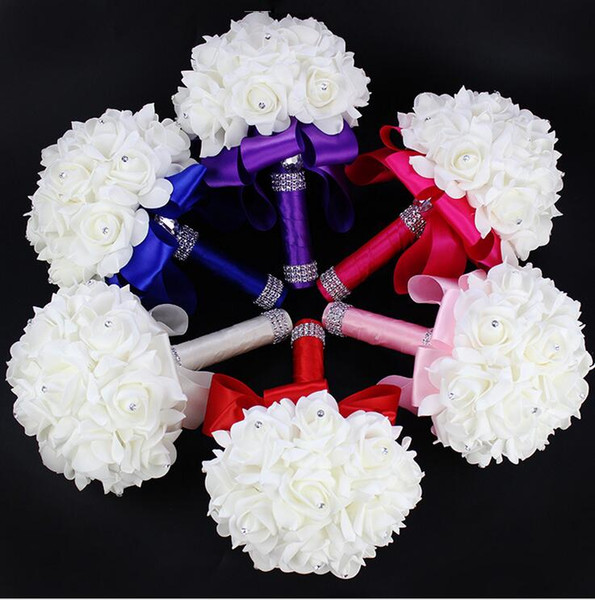 2018 Elegant Rose Artificial Bridal Flowers Bride Bouquet Wedding Bouquet Crystal Royal Blue Silk Ribbon New Buque De Noiva 10 Colors