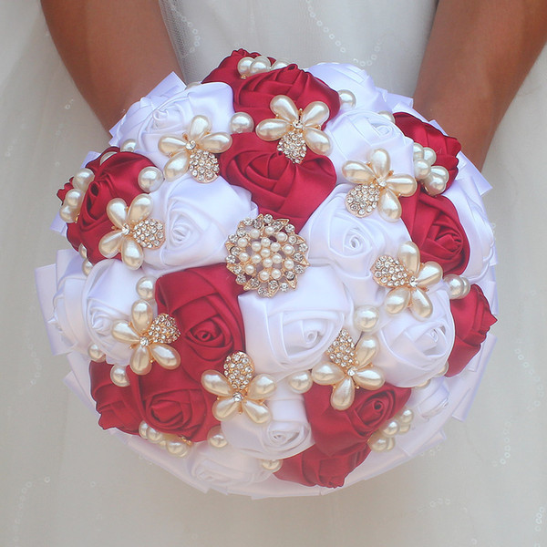 Silk Wedding Flowers Rhinestone Holding flowers Brooch Bouquet Gold Broach Bridal Wedding Dress Wedding Bouquet w2577