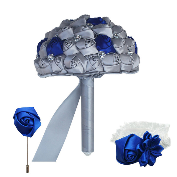 Silverand royal blue Rose Bridesmaid Wedding Foam flowers Rose Bridal bouquet Ribbon Customized Bridal Bouquets set T1380-S