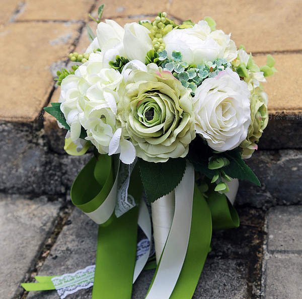 Garden Style Bridal Bouquets Fiairy Green with Ivory Hand Made Flowers High Quality Cheap Wedding Accessories Wedding Bouquets with Lace