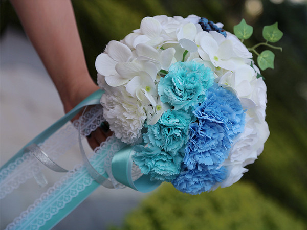 Light Blue and White Bridal Bouquets High Quality Wedding Accessories Wedding Flowers with Lace 2017 New Arrival