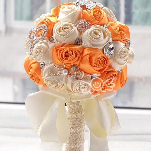 Luxury Gorgeous Wedding Bridal Bouquets Elegant Pearl Bride Flower Wedding Bouquet Handmade Crystal Ribbon Orange WF036OG