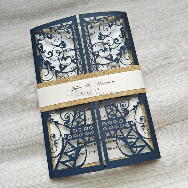 Navy Blue Shimmer Laser Cut Eiffel Tower Wedding Invitation with Glittery Belly Band Anniversary Invites 20+Color Available Free Printing