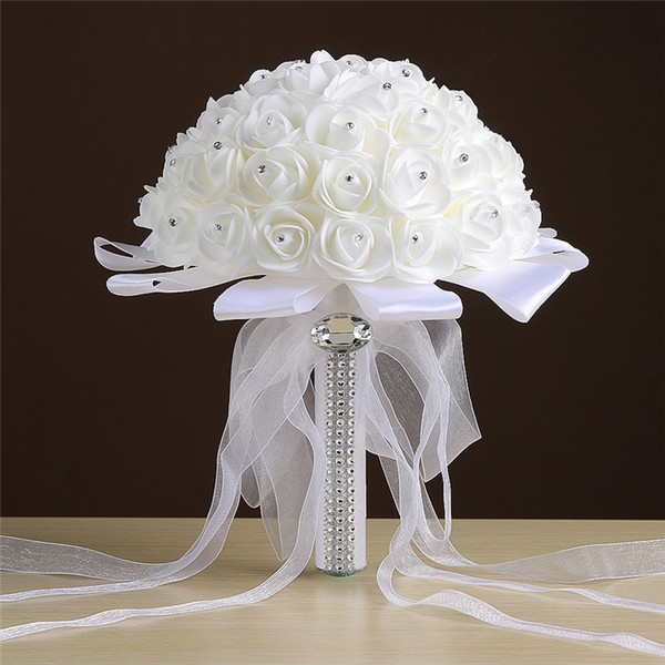 2017 Ivory Wedding Bouquet Bridal Decorations with Ribbon Organza Bow Crystal Foam Pearls White Bride Hand Holding Flowers