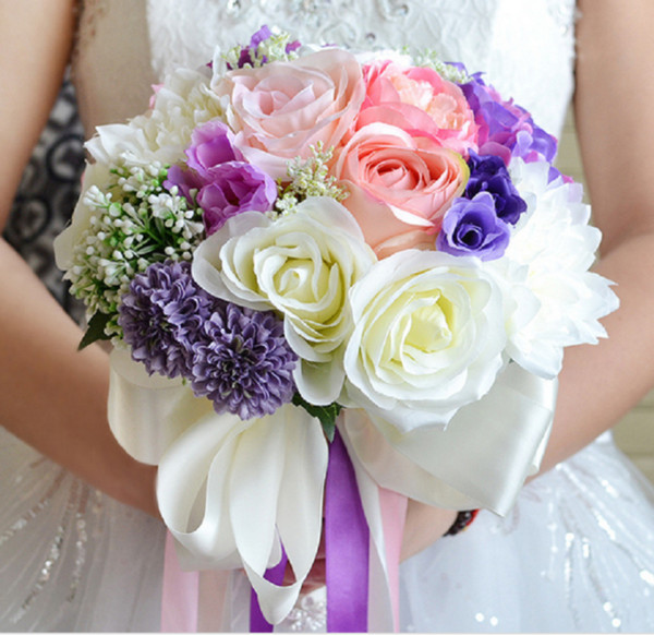 Colorful Flower Bouquet Artificial Hand Made De Mariage Hand Bouquets Cheap Sale Church Bridal Bouquets Home Decoration Wedding Flowers