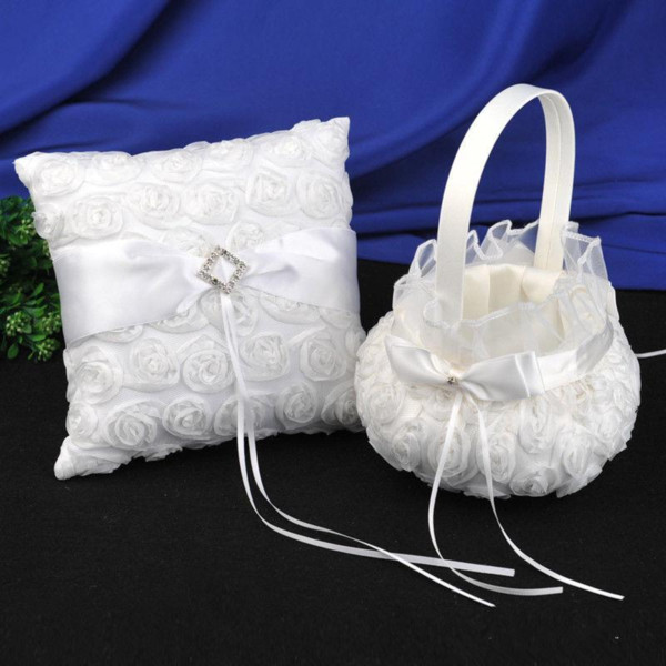 Wedding Supplies Ring Pillow & Girl's Flower Baskets Sets Wedding Party White 3D Roses Lace Ceremony Petal Storage