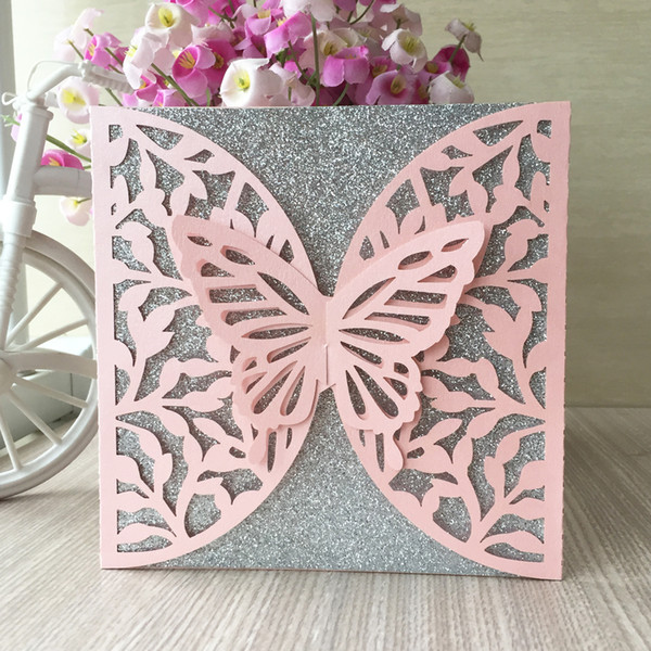 50PCS /lot Lace Design Hollow Big Butterfly Wedding Invitation Cards Exquisite Greeting Cards Fancy Dress Party Invitations