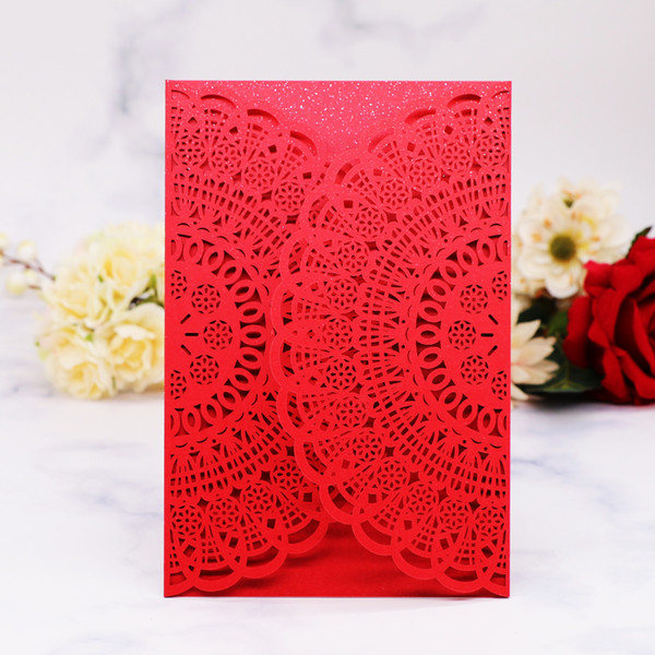 Retro Style Wedding Invitation Card Festival Card Hollow Laser Cut Sample China Red Pearl Paper Using For Grand Events