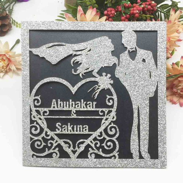 100PCS /lot Hollow Laser Cut Personal Tailor Name Wedding Invitation Cards Decoration With Glitter Paper Anniversary Invitations Card