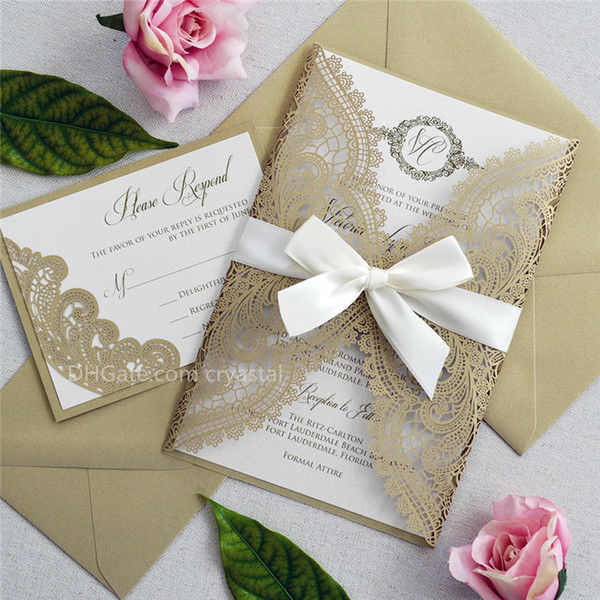 GOLD CHANTILLY LACE Laser Cut Wrap Invitation - Elegant Laser Cut Wedding Invitation with Ivory Shimmer Insert and Ivory Ribbon Bow