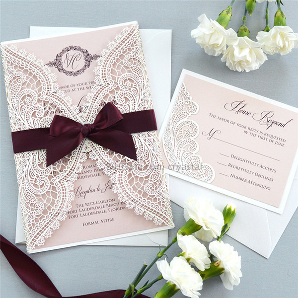 WHITE CHANTILLY LACE Laser Cut Wrap Invitation - White Laser Cut Wedding Invitation with Blush Shimmer Insert and Burgundy Ribbon Bow