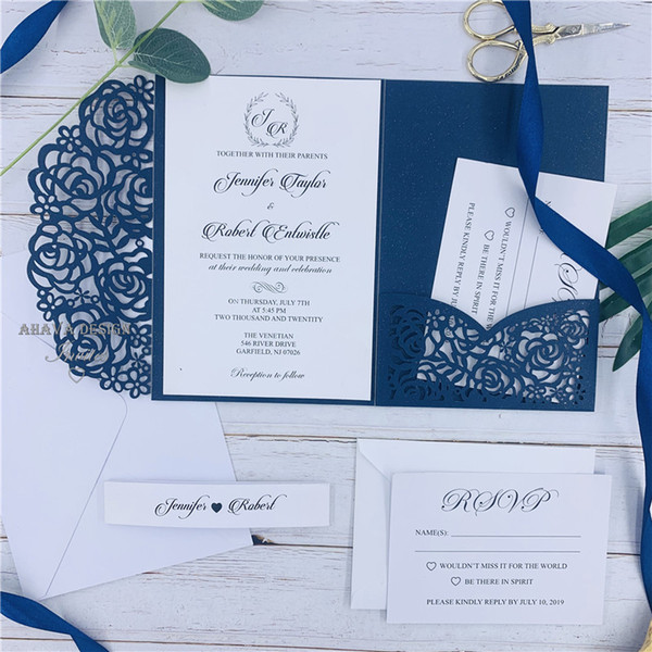 Navy Blue Laser Cut Pocket Wedding Invitation Suites, Customizable Invites With Envelope, Free Shipped by UPS