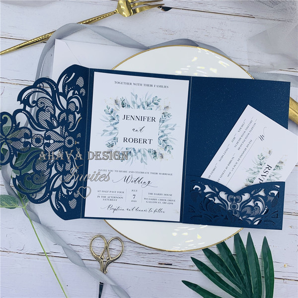 Gorgeous Customizable Navy Laser Cut Wedding Invitation With Belly Band And Tag, Respond Card And Envelope