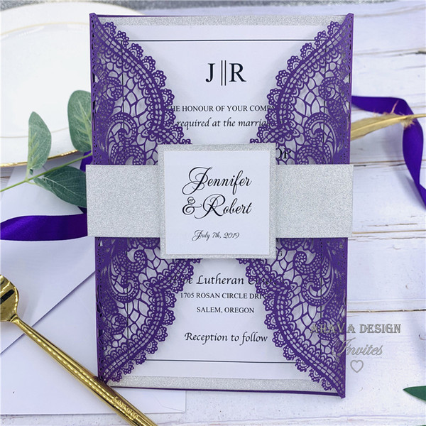 Luxury Pearl Purple Laser Cut Wedding Invitation With Glitter Silver Belly Band, Tag And Customized Insert