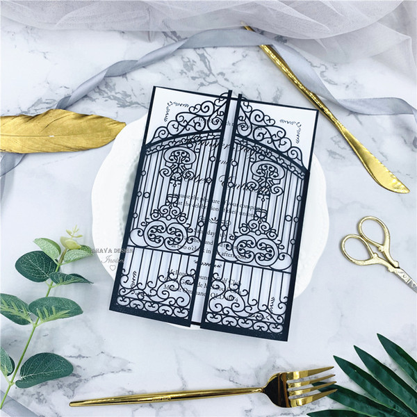 Classic Shimmer Black And White Gate Fold Floral Laser Cut Wedding Invitations With Envelope And Printed Customized Insert