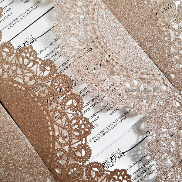 Elegant Rose Gold Glitter Wedding Invitations With Customized Insert And Gold Ribbon, Free Printing and Free 