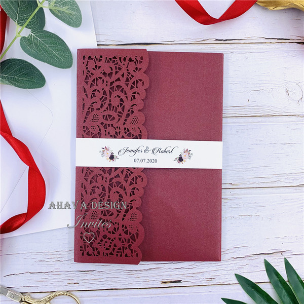 Fancy Burgundy Laser Cut Lace Wedding Invitation With Bell Band, Flowers Elegant Party Invites, Customized Insert