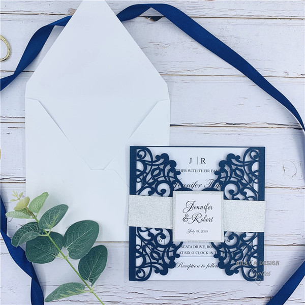 Fabulous Navy Blue Laser Cut Wedding Invitations With Glitter Belly Band And Tag, Provide Free Printing and Free 