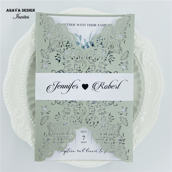 Gorgeous Pearl Silver Laser Cut Wedding Invites With Greenery, Personalized Invitation Suite With Belly Band And Envelope, Free Deisgn