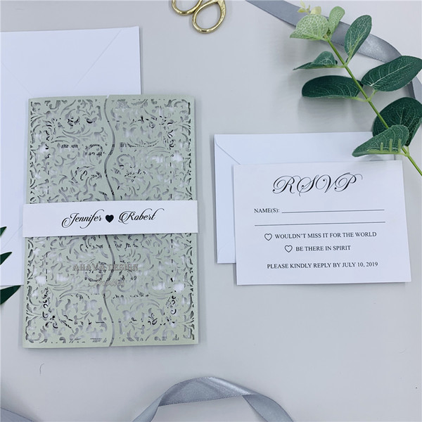 Silver Wedding Invitation With Glitter Backing For Personal Insert & Belly Band, Laser Cut Pocketfold Wedding Invitation