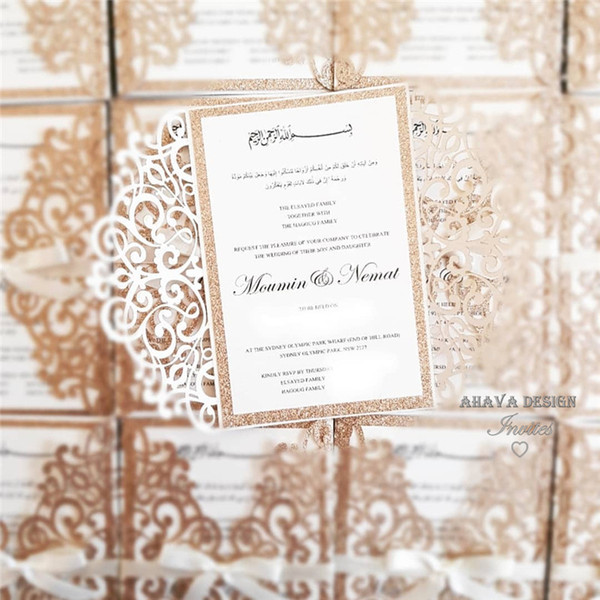 Elegant Rose Gold Glitter Wedding Invitations With Customized Glitter Insert And White Ribbon, Free Printing and Free 