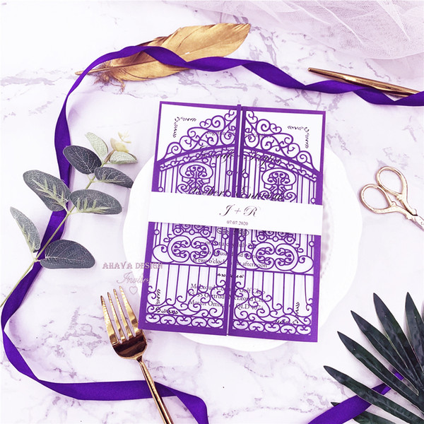 Shimmer Purple Floral Laser Cut Wedding Invitations, Printed Customized Insert And Belly Band, Via UPS