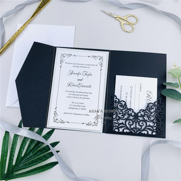 Luxury Pearl Black Laser Cut Wedding Invitations, Insert with Glitter Backing, Personal Laser Invites For Weddings & Event