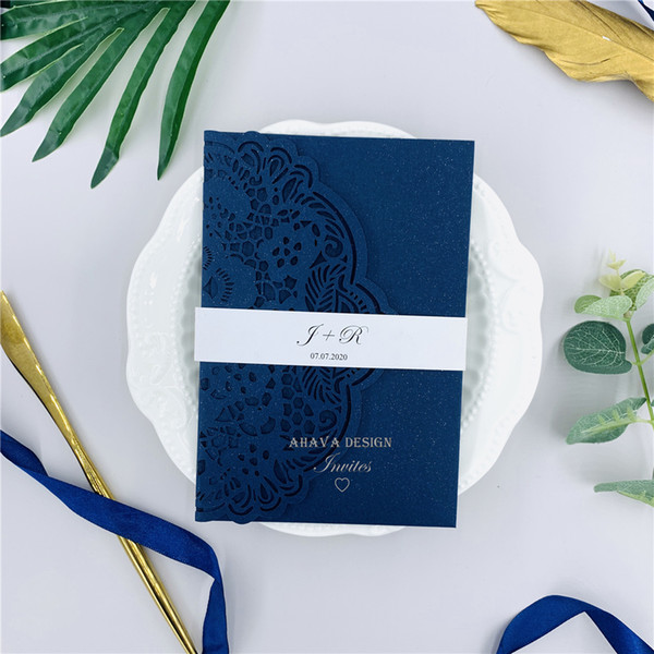 Special Dark Navy Laser Tri-fold Wedding Invitations With RSVP Card & Belly Band, Laser Invitations For Weddings & Event, Free Design