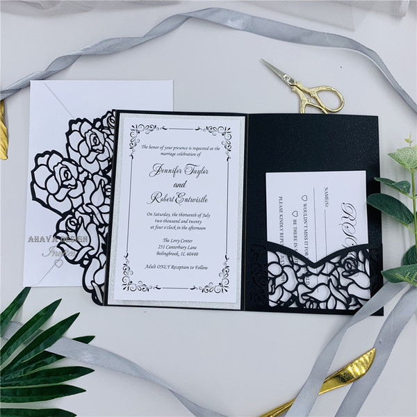 Elegant Black Floral Tri-fold Laser Cut Wedding Invites, Personal Laser Cut Pocket With Belly Band And RSVP Card