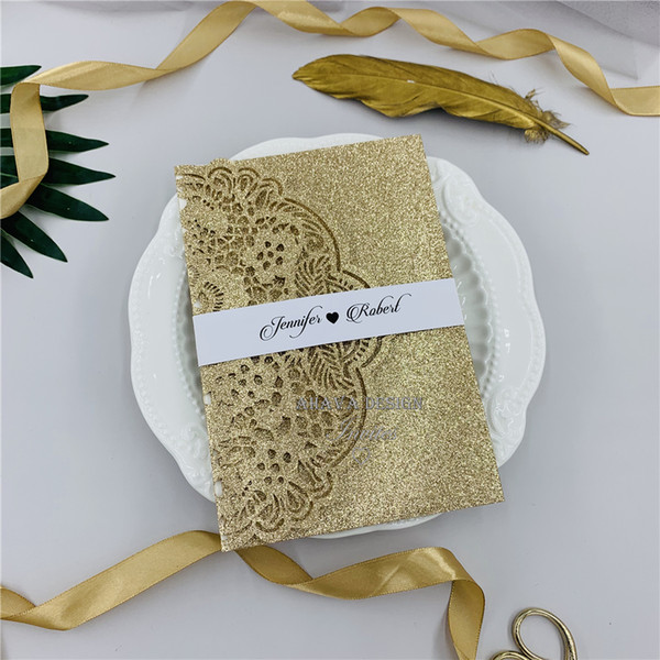 Luxury Glitter Rose Gold Tri-fold Laser Cut Wedding Invitations With RSVP Card & Belly Band, Laser Invites For Weddings & Event