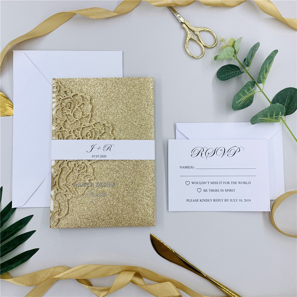 Elegant Glitter Rose Gold Laser Cut Wedding Invites, Gorgeous Floral Invites With Belly Band & RSVP Card