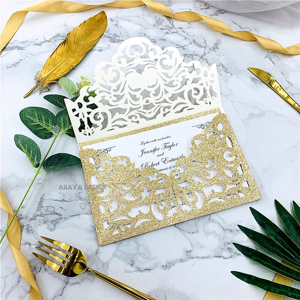 Cordially Inviting - Glitter Rose Gold Laser Cut Pocket With Customized Insert, Floral Laser Cut Wedding Invites