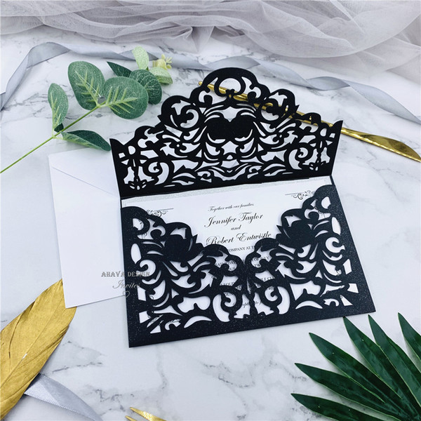 Cordially Inviting - Black Shimmer Laser Cut Sleeve With Classic Invitation And Glittery Backer, Personal Laser Cut Wedding Invites