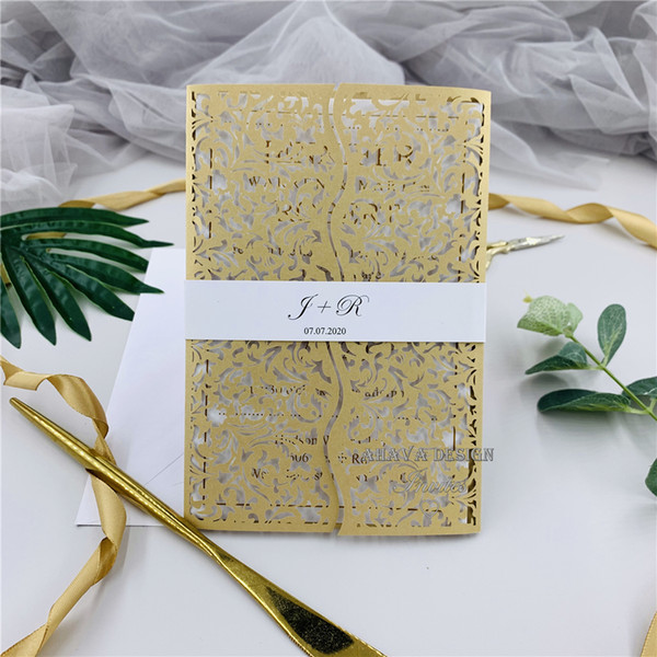 Gorgeous Gold Laser Cut Floral Wedding Invitations With Customized Belly Band And Insert, Elegant Invite For Wedding, Free Design