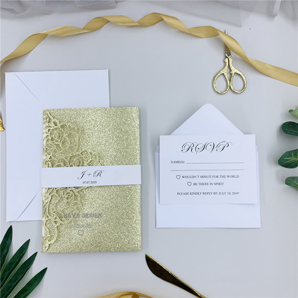 Elegant Glitter Champagne Gold Laser Cut Invites For Wedding, Quince & Sweet Sixteen, Gorgeous Floral Invites With Belly Band & RSVP Card