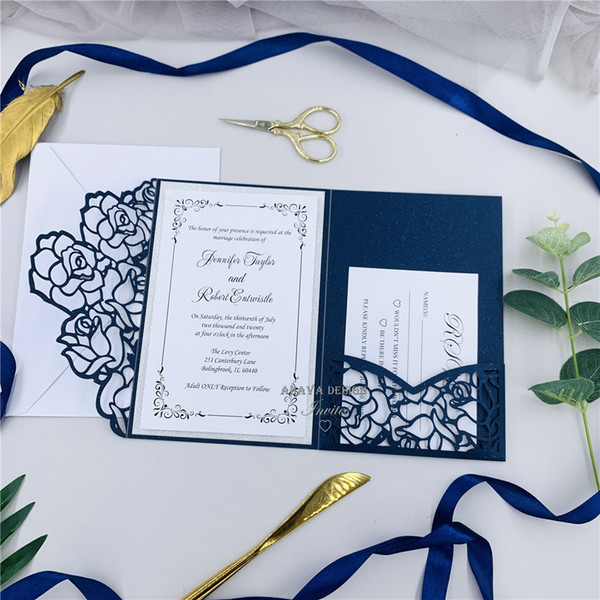 Elegant Navy Tri-fold Laser Cut Wedding Invite, Laser Pocket With Tag, Belly Band And RSVP Card, DIY Invite Kit