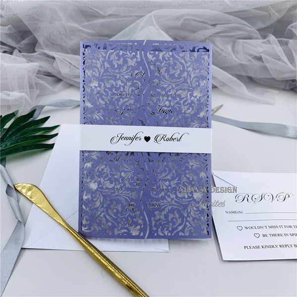 Elegant Lavender Laser Cut Floral Wedding Invitations With Customized Belly Band And Insert, Hollow Out Invite For Wedding, Free Design