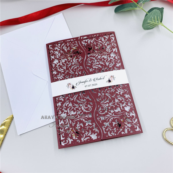 Elegant Burgundy Laser Cut Wedding Invitations With Belly Band And Insert, Personal Hollow Out Wedding Invite