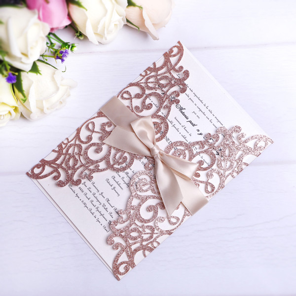 New Rose Gold Glitter Laser Cut Invitations Cards With Beige Ribbons For Wedding Bridal Shower Engagement Birthday Graduation