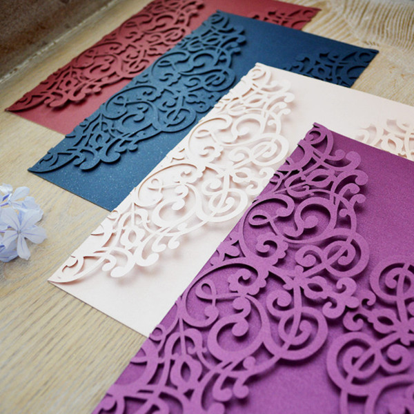 Floral Folded Laser Cut Wedding Invitations European Wedding Invites Cover Navy Burgundy Multi Color Free Shipping